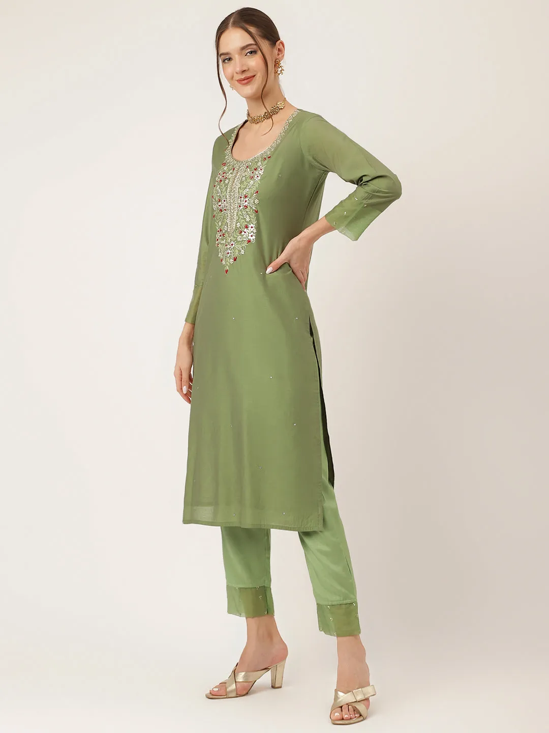 Jashvi Green Embroidered  Chanderi  Kurta, Trouser With Dupatta