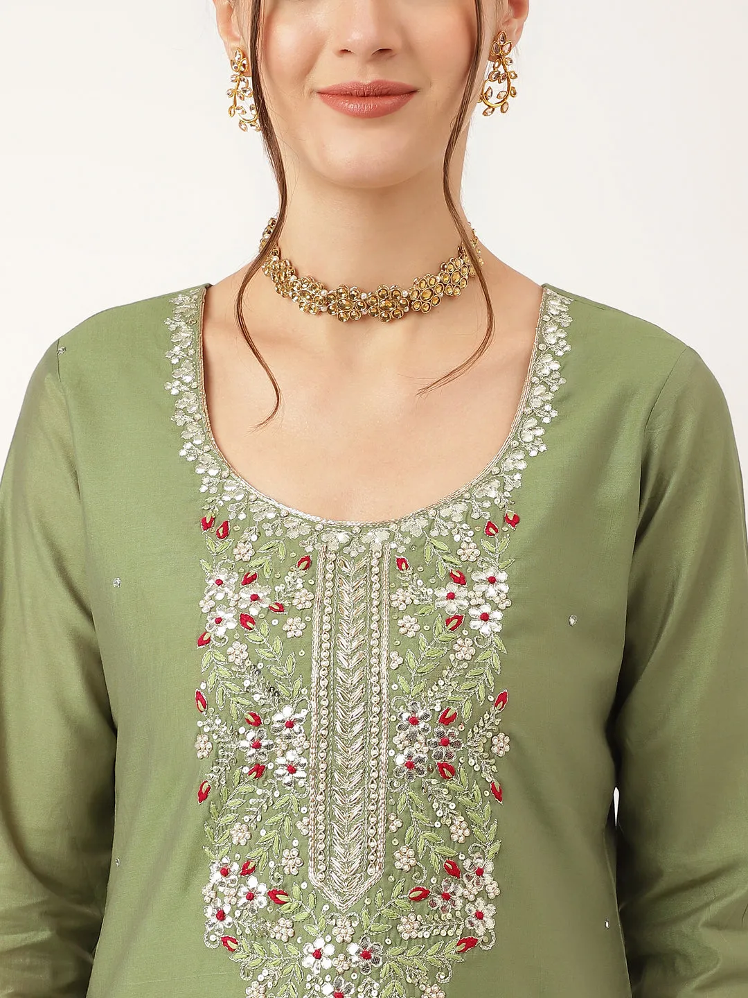 Jashvi Green Embroidered  Chanderi  Kurta, Trouser With Dupatta