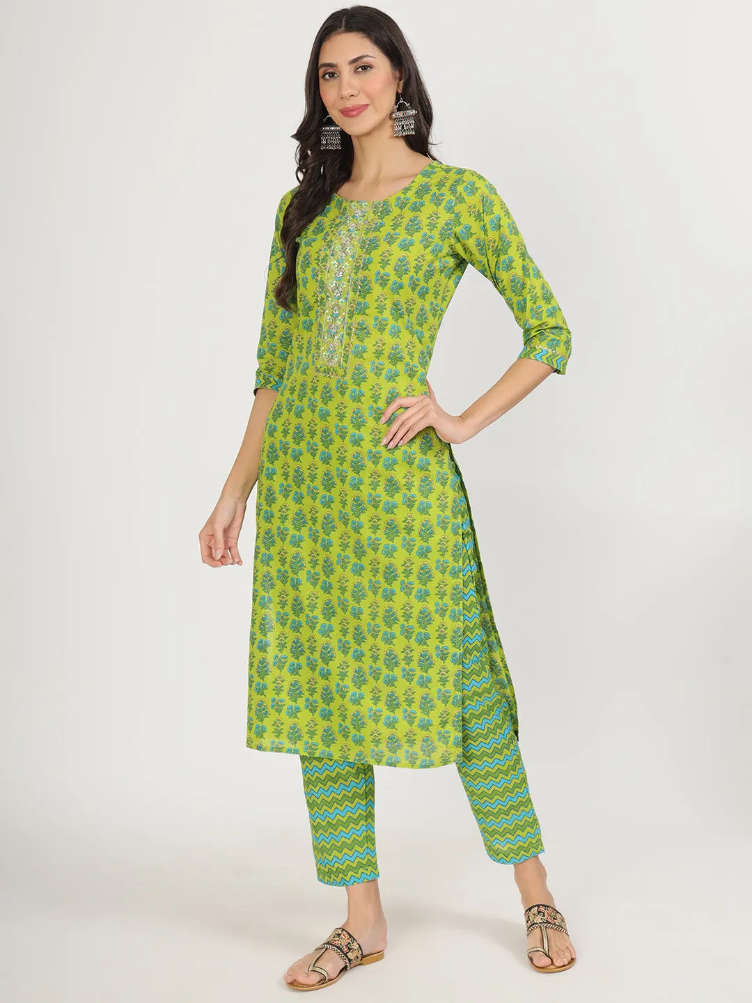 Jashvi Green Floral Print Cotton Kurta Pants with Dupatta set for women