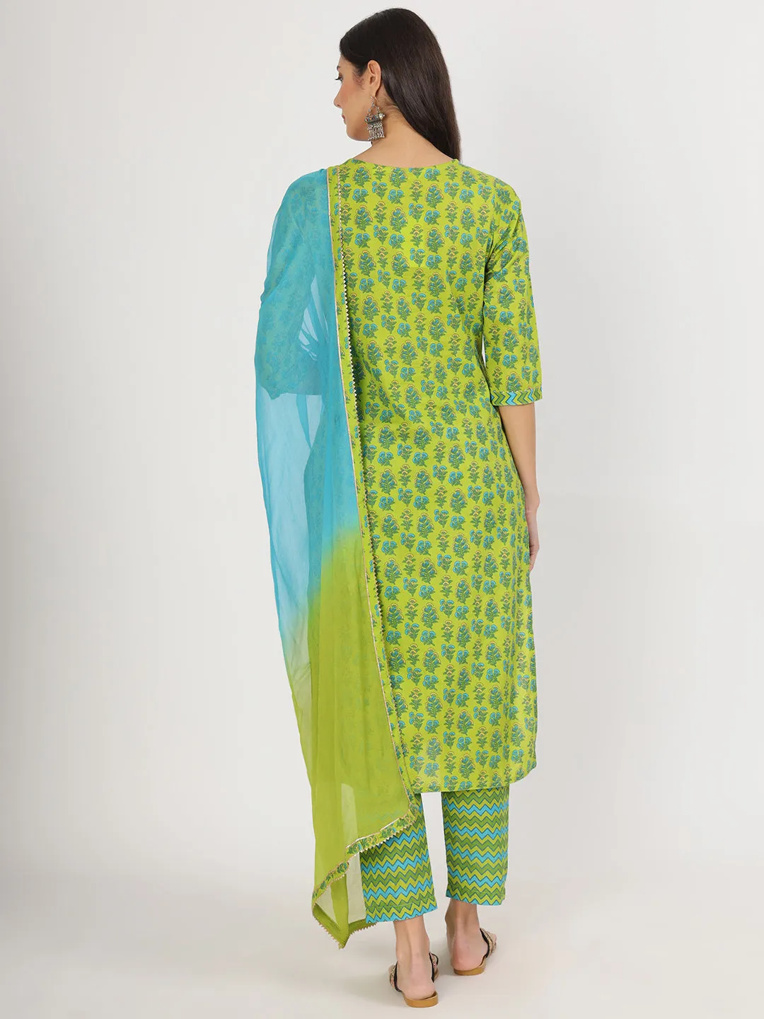 Jashvi Green Floral Print Cotton Kurta Pants with Dupatta set for women