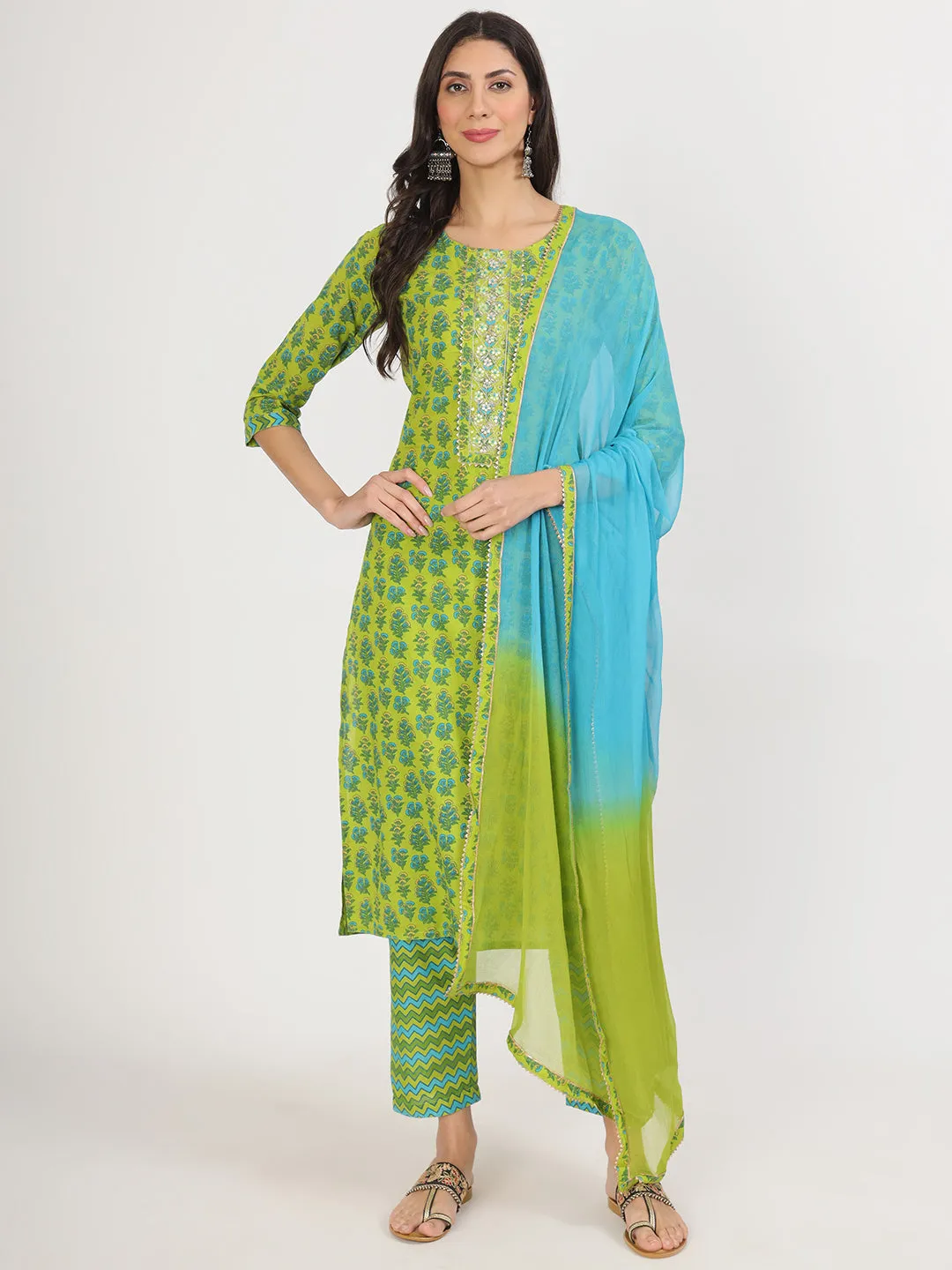 Jashvi Green Floral Print Cotton Kurta Pants with Dupatta set for women