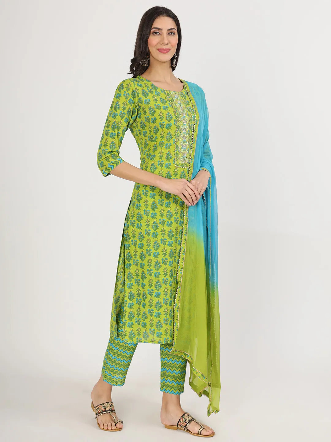 Jashvi Green Floral Print Cotton Kurta Pants with Dupatta set for women