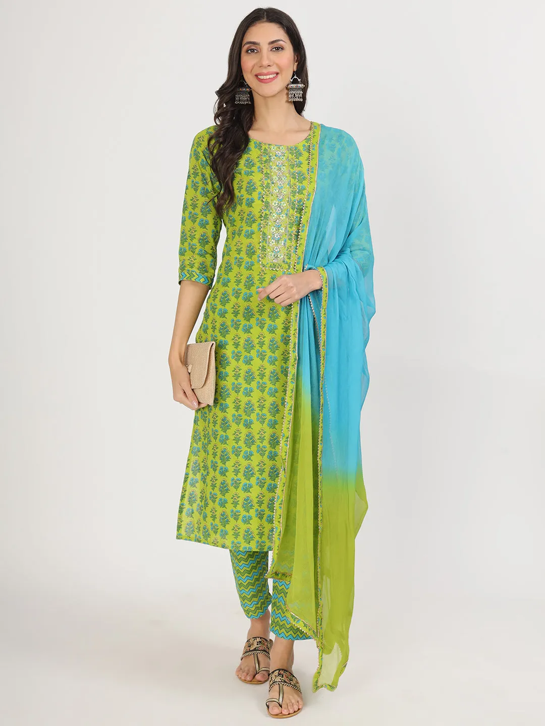 Jashvi Green Floral Print Cotton Kurta Pants with Dupatta set for women