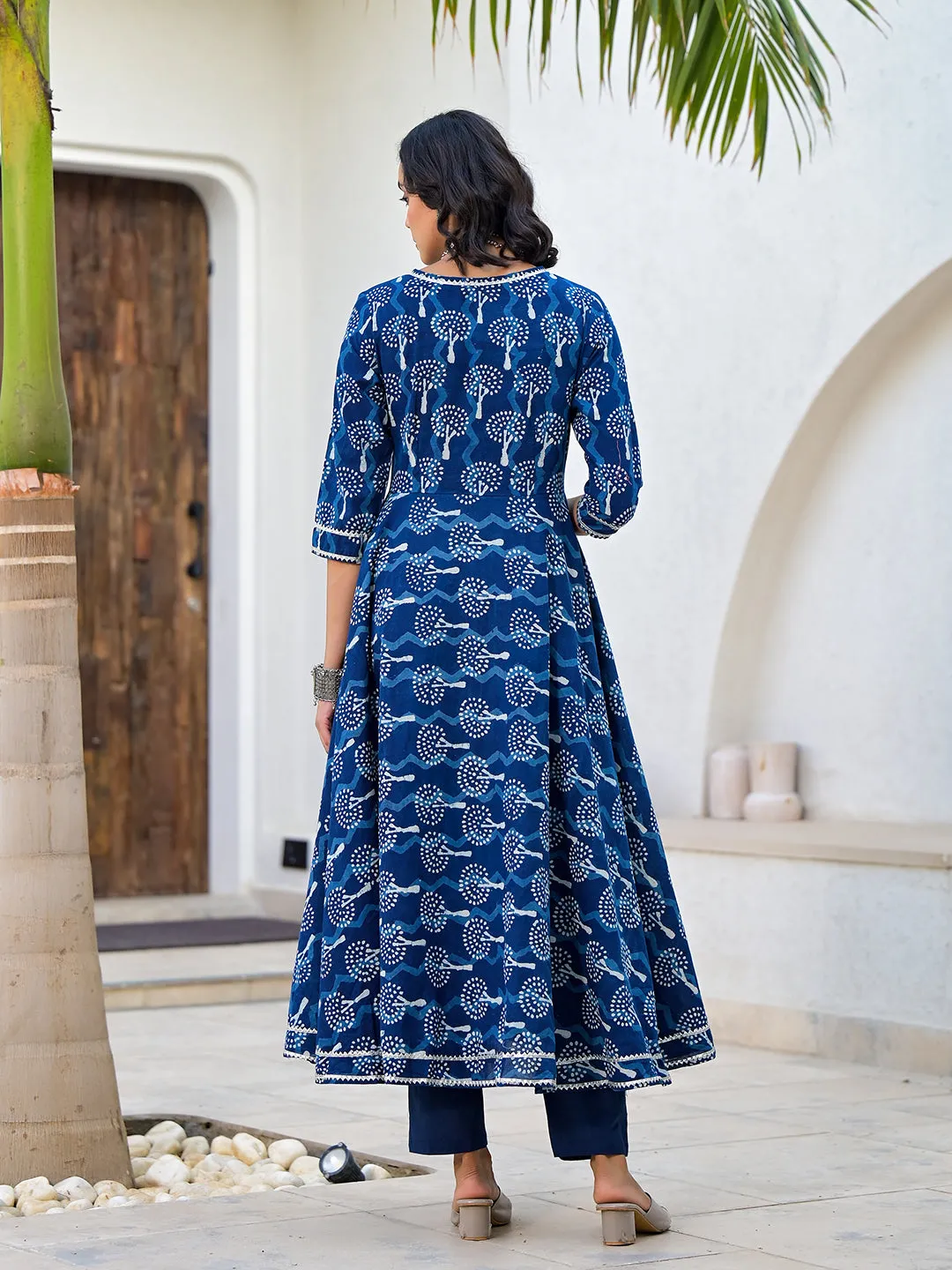 Jashvi Indigo Blue HandBlock Print Cotton Anarkali Kurta Set with Organza Dupatta