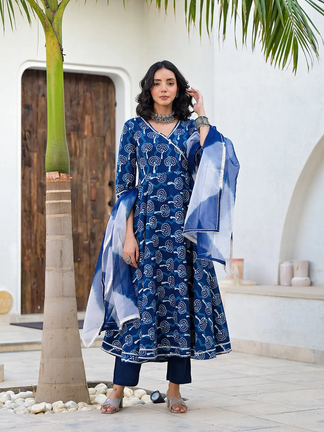 Jashvi Indigo Blue HandBlock Print Cotton Anarkali Kurta Set with Organza Dupatta