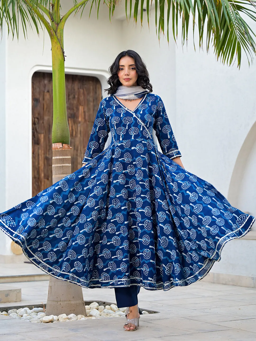 Jashvi Indigo Blue HandBlock Print Cotton Anarkali Kurta Set with Organza Dupatta