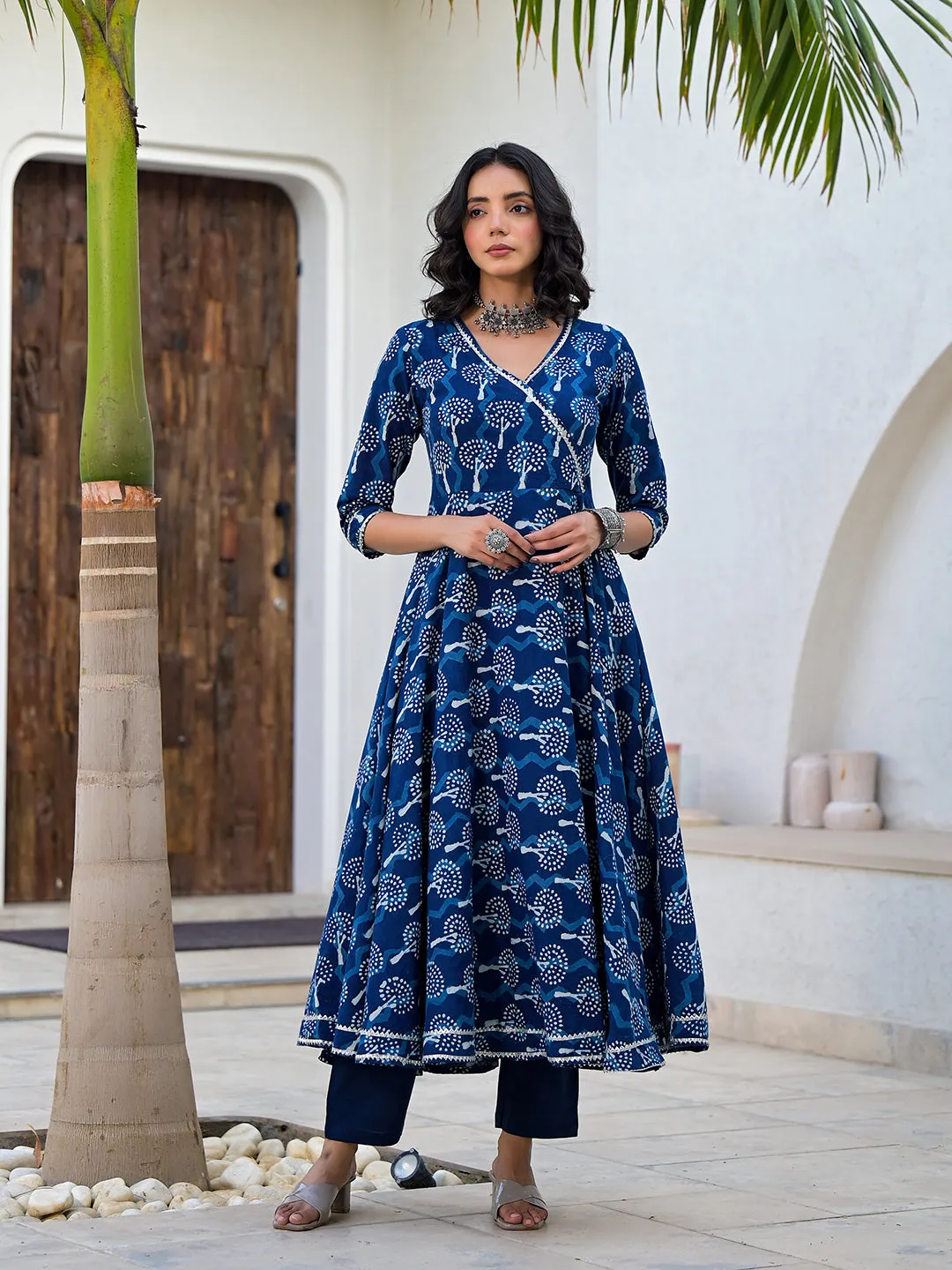 Jashvi Indigo Blue HandBlock Print Cotton Anarkali Kurta Set with Organza Dupatta