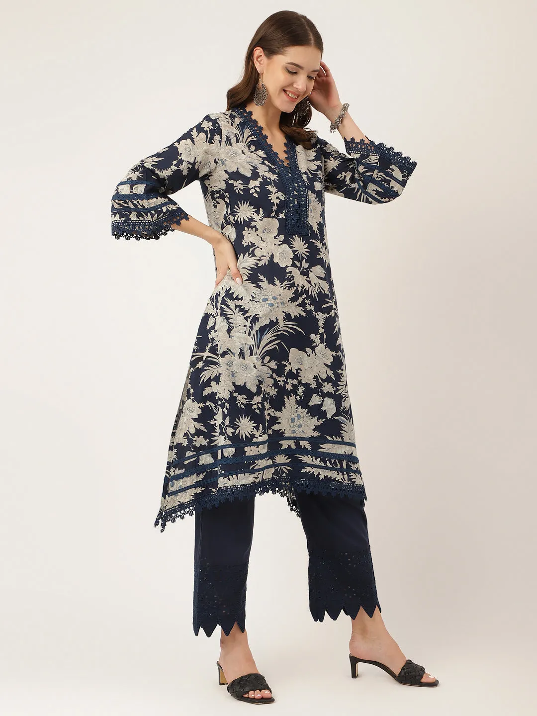 Jashvi Navy Blue Floral Print Cotton Kurta, Trouser With Dupatta