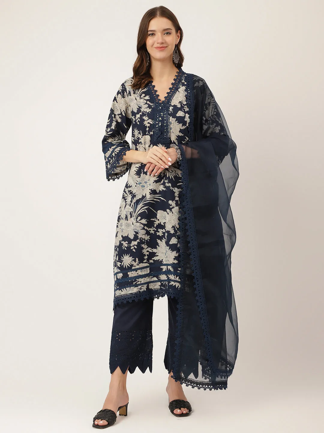 Jashvi Navy Blue Floral Print Cotton Kurta, Trouser With Dupatta