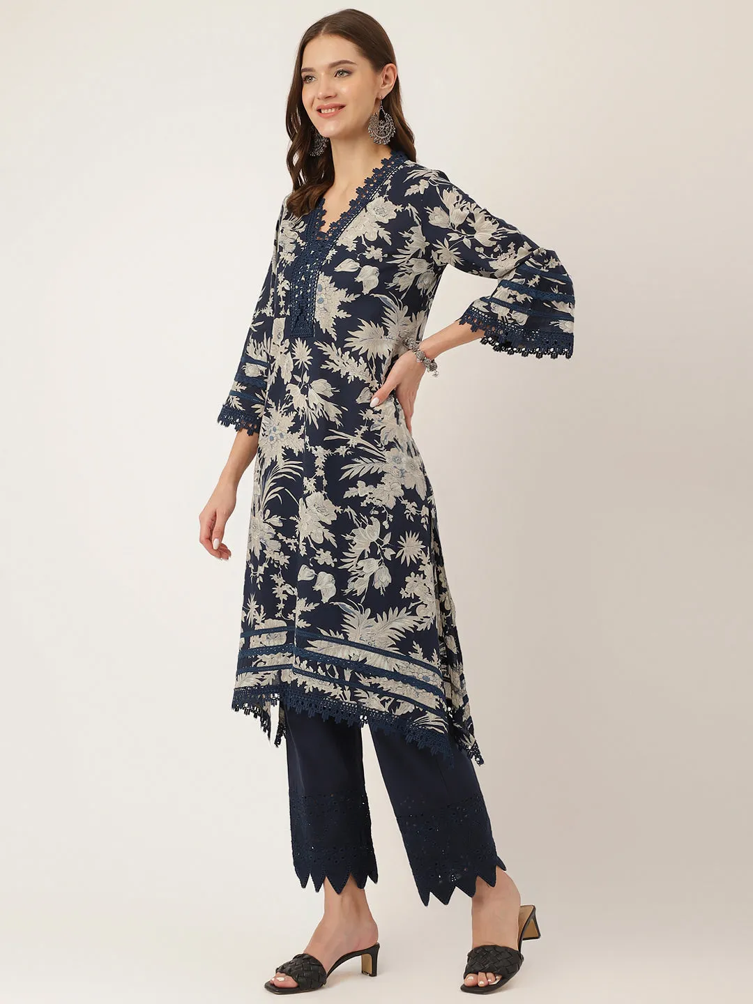 Jashvi Navy Blue Floral Print Cotton Kurta, Trouser With Dupatta