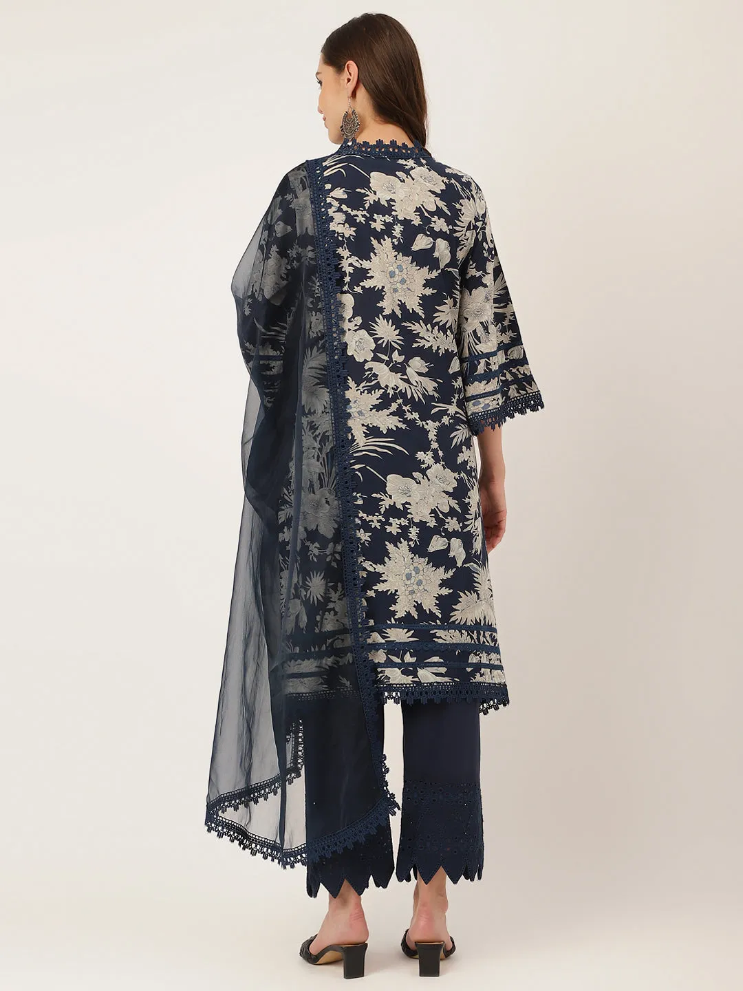 Jashvi Navy Blue Floral Print Cotton Kurta, Trouser With Dupatta