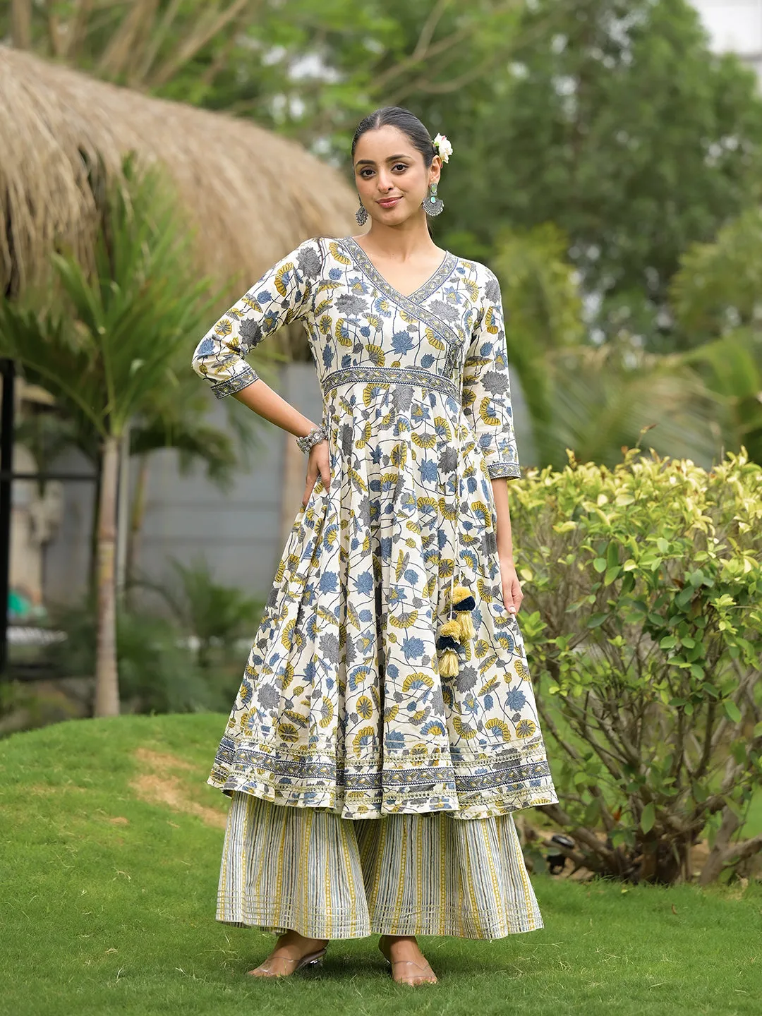 Jashvi offWhite Floral Print Cotton Kurta Sharara set for women