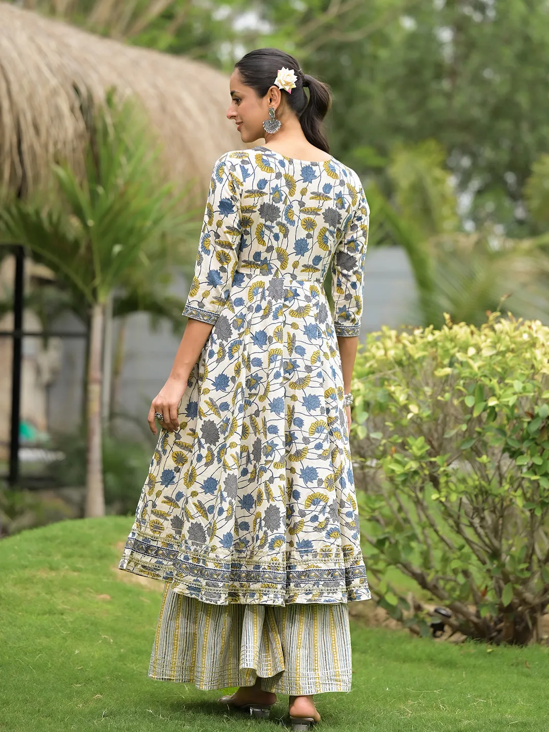 Jashvi offWhite Floral Print Cotton Kurta Sharara set for women