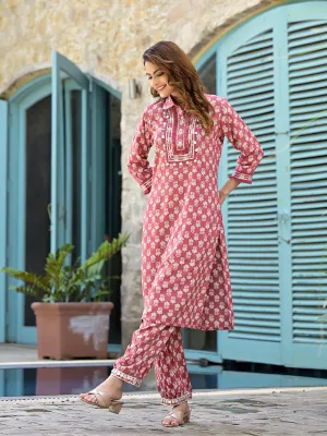 Jashvi Peach Cotton Straight Knee Long Co-Ord Set or Pathani Suit