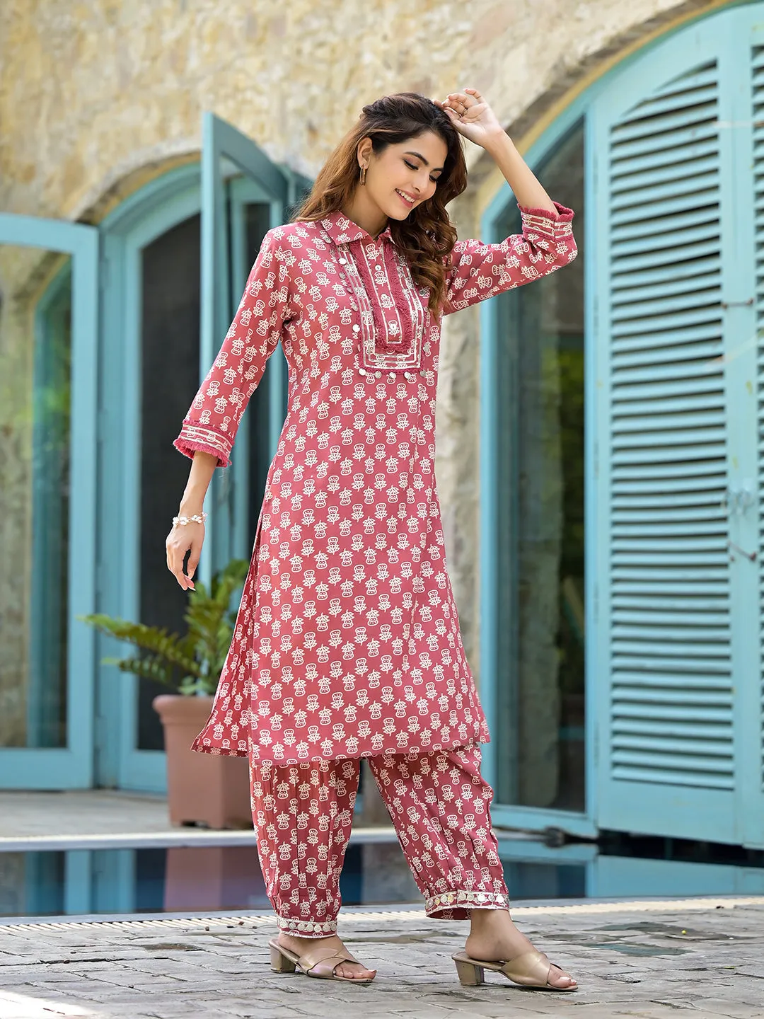 Jashvi Peach Cotton Straight Knee Long Co-Ord Set or Pathani Suit