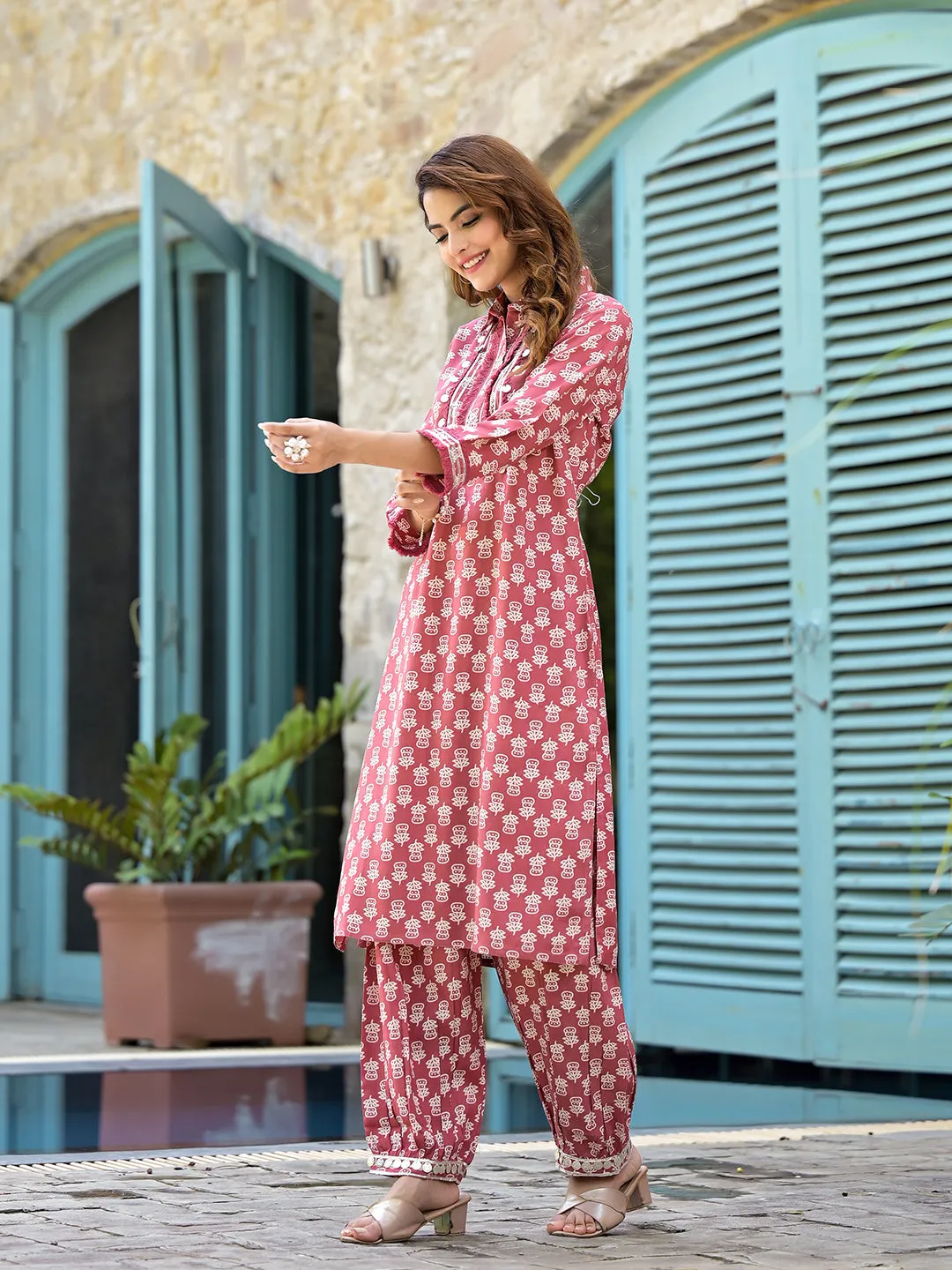 Jashvi Peach Cotton Straight Knee Long Co-Ord Set or Pathani Suit