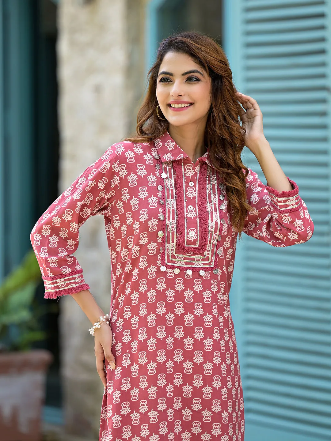 Jashvi Peach Cotton Straight Knee Long Co-Ord Set or Pathani Suit