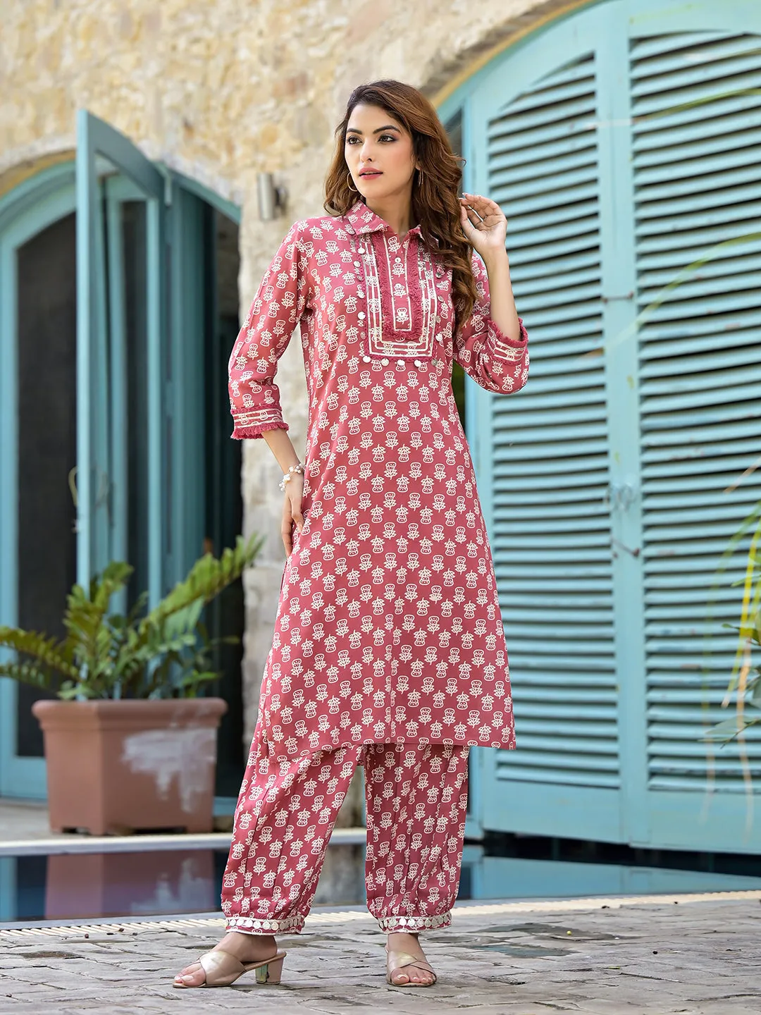 Jashvi Peach Cotton Straight Knee Long Co-Ord Set or Pathani Suit