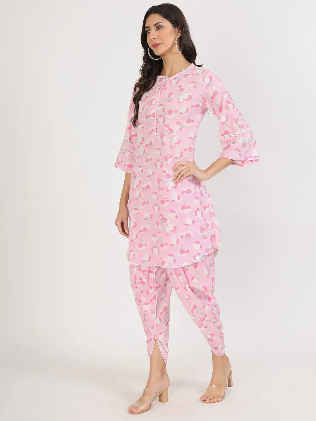 Jashvi Pink Floral Printed Cotton Kurta with Dhoti Co-Ord Set