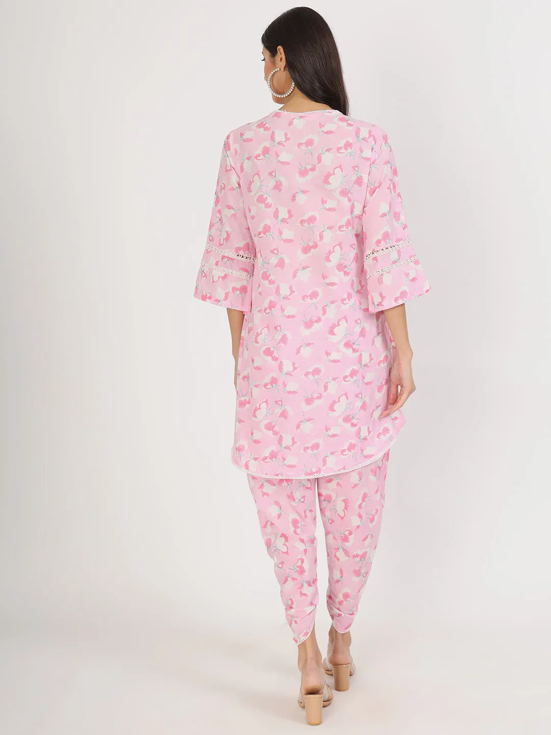 Jashvi Pink Floral Printed Cotton Kurta with Dhoti Co-Ord Set