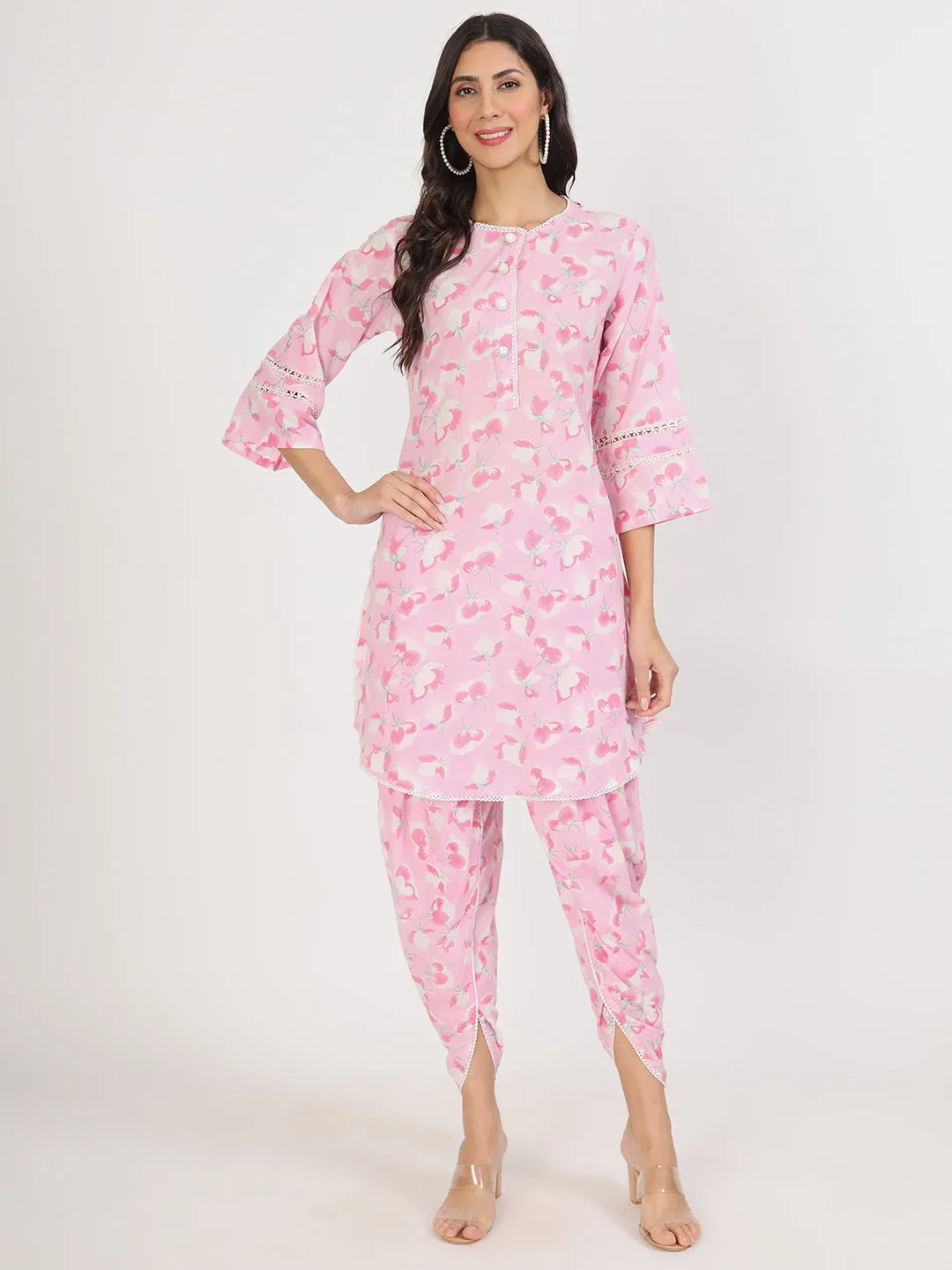 Jashvi Pink Floral Printed Cotton Kurta with Dhoti Co-Ord Set