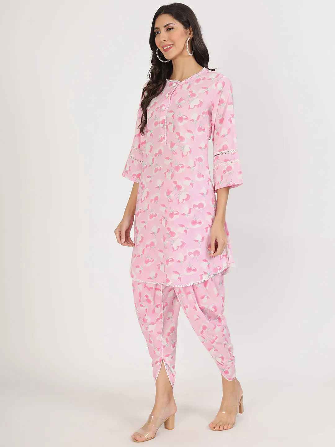 Jashvi Pink Floral Printed Cotton Kurta with Dhoti Co-Ord Set