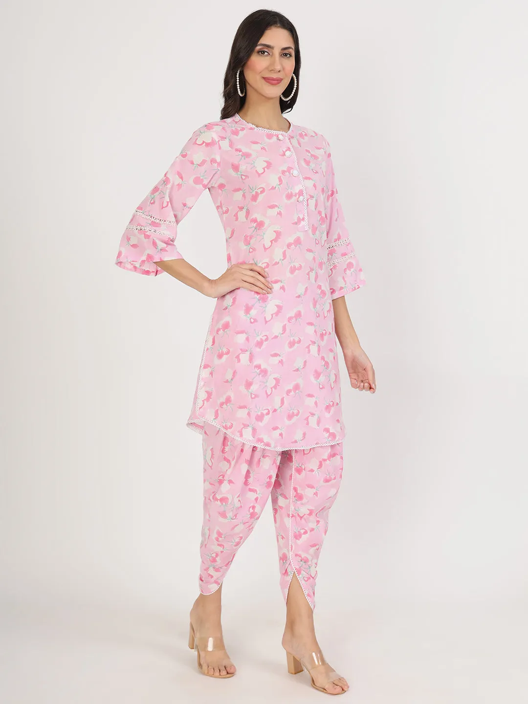 Jashvi Pink Floral Printed Cotton Kurta with Dhoti Co-Ord Set