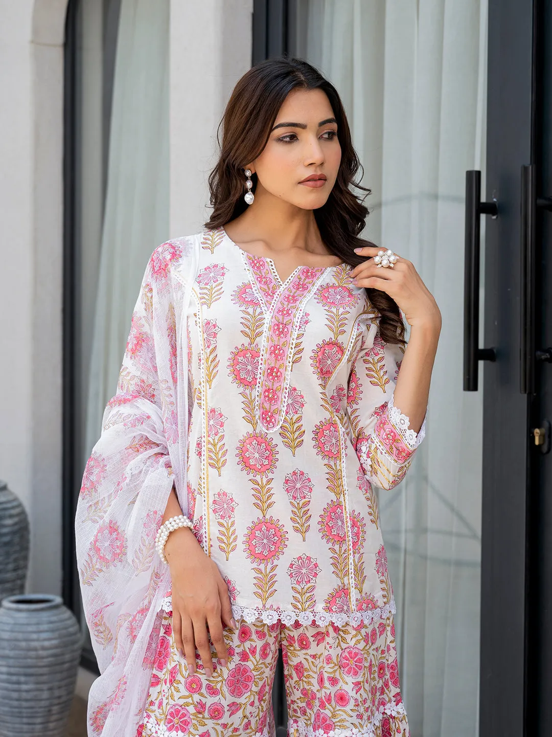 Jashvi White Floral Print Pure Cotton Kurta Sharara Set for Women