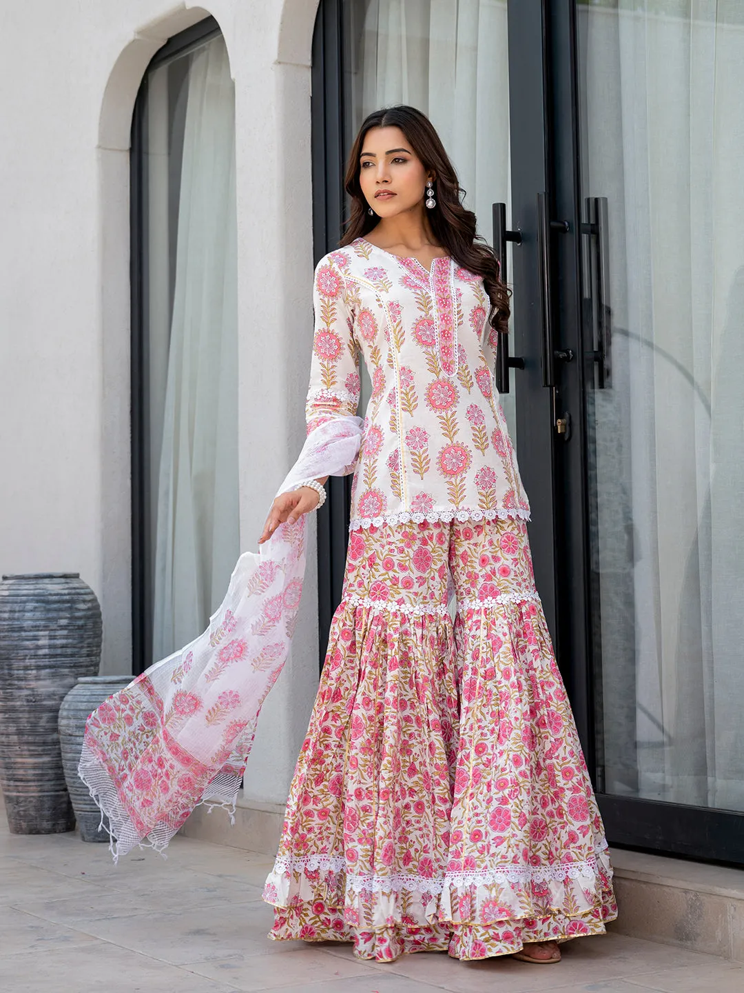 Jashvi White Floral Print Pure Cotton Kurta Sharara Set for Women