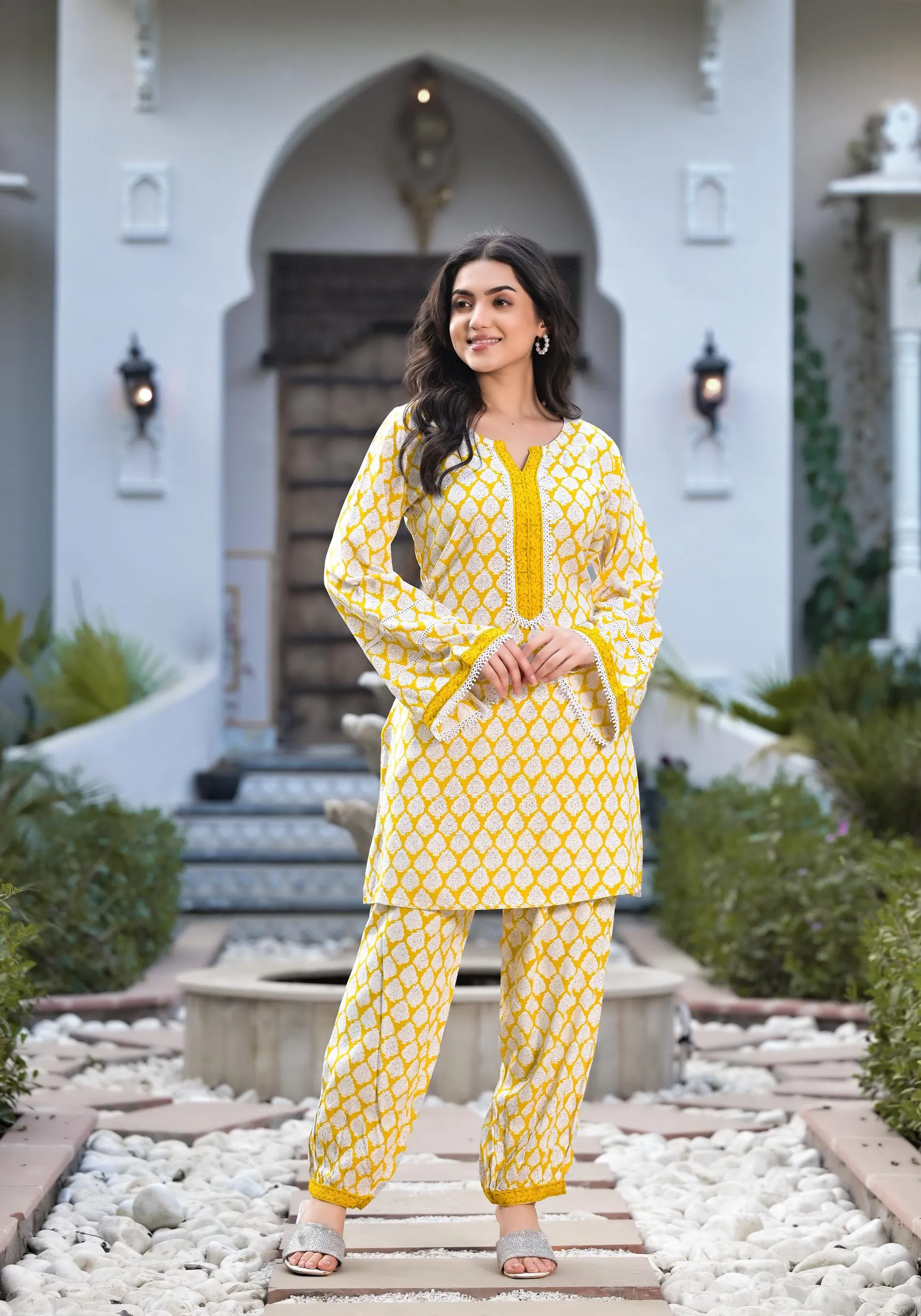 Jashvi Yellow Floral Print Rayon Co-ord set for women