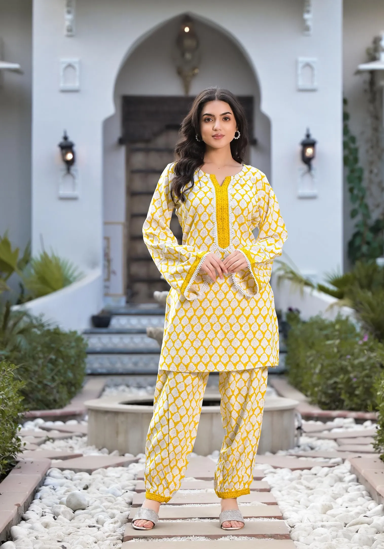 Jashvi Yellow Floral Print Rayon Co-ord set for women