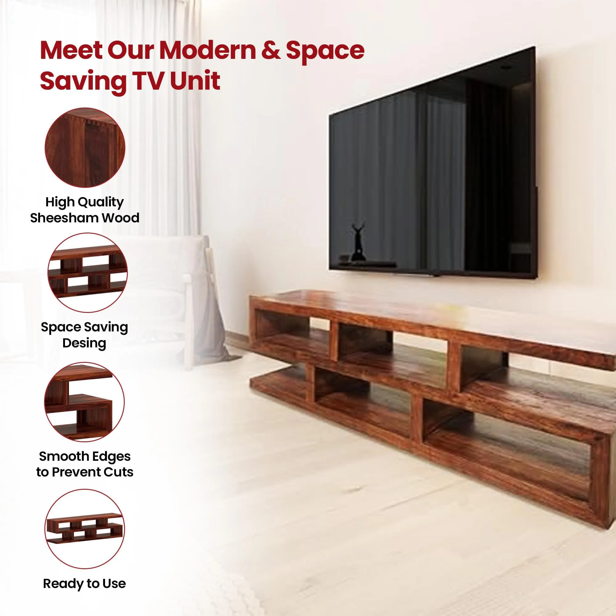 Kuber Industries Sheesham Wooden Wall Mounted Modular TV Unit for Living Room with Storage Shelf | TV Cabinet for Living Room & Bedroom | Brown