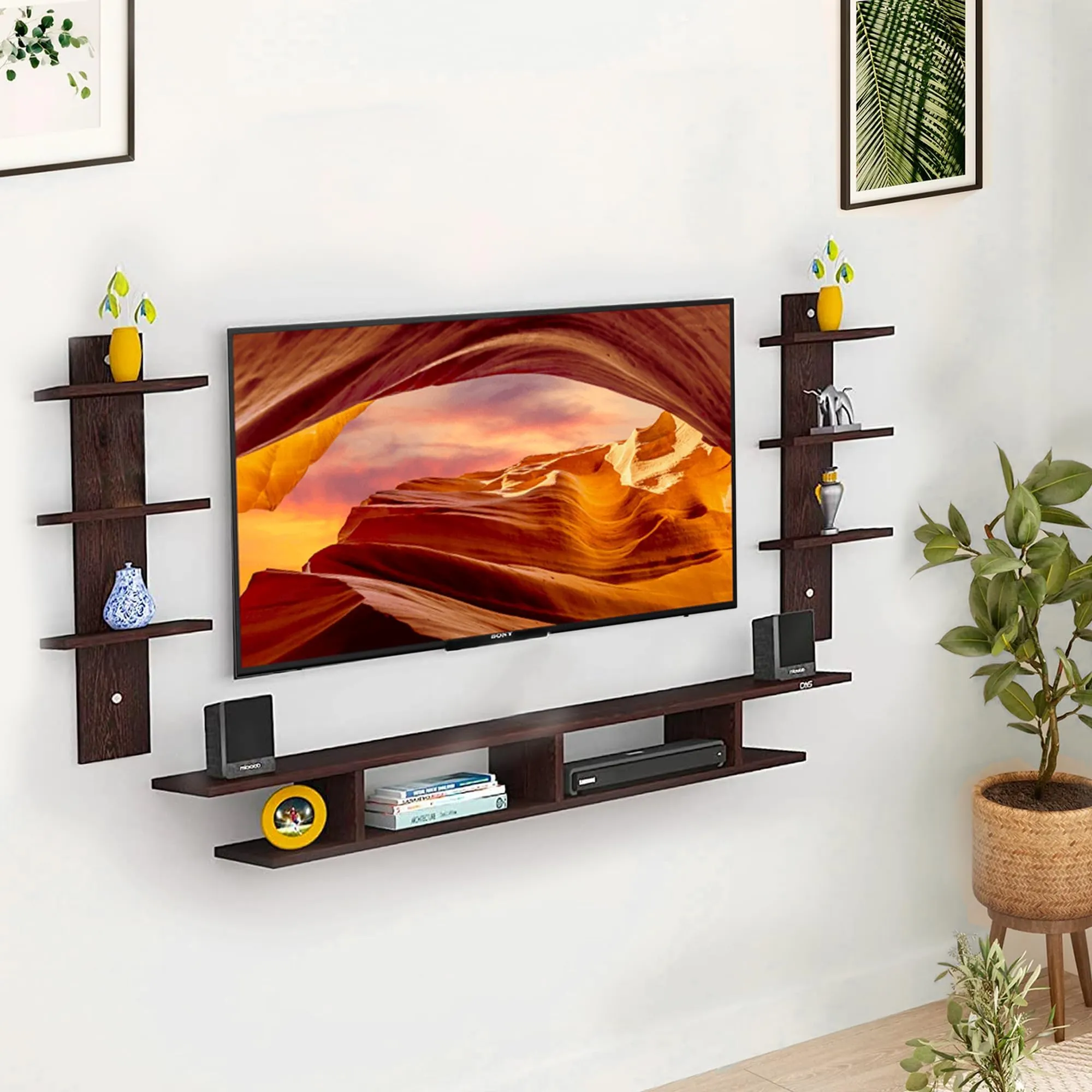 Kuber Industries ‎Wooden Wall Mounted Modular TV Unit for Living Room with Storage Shelf, Suitable for Upto 55 inch LED | TV Cabinet for Living Room & Bedroom | Brown