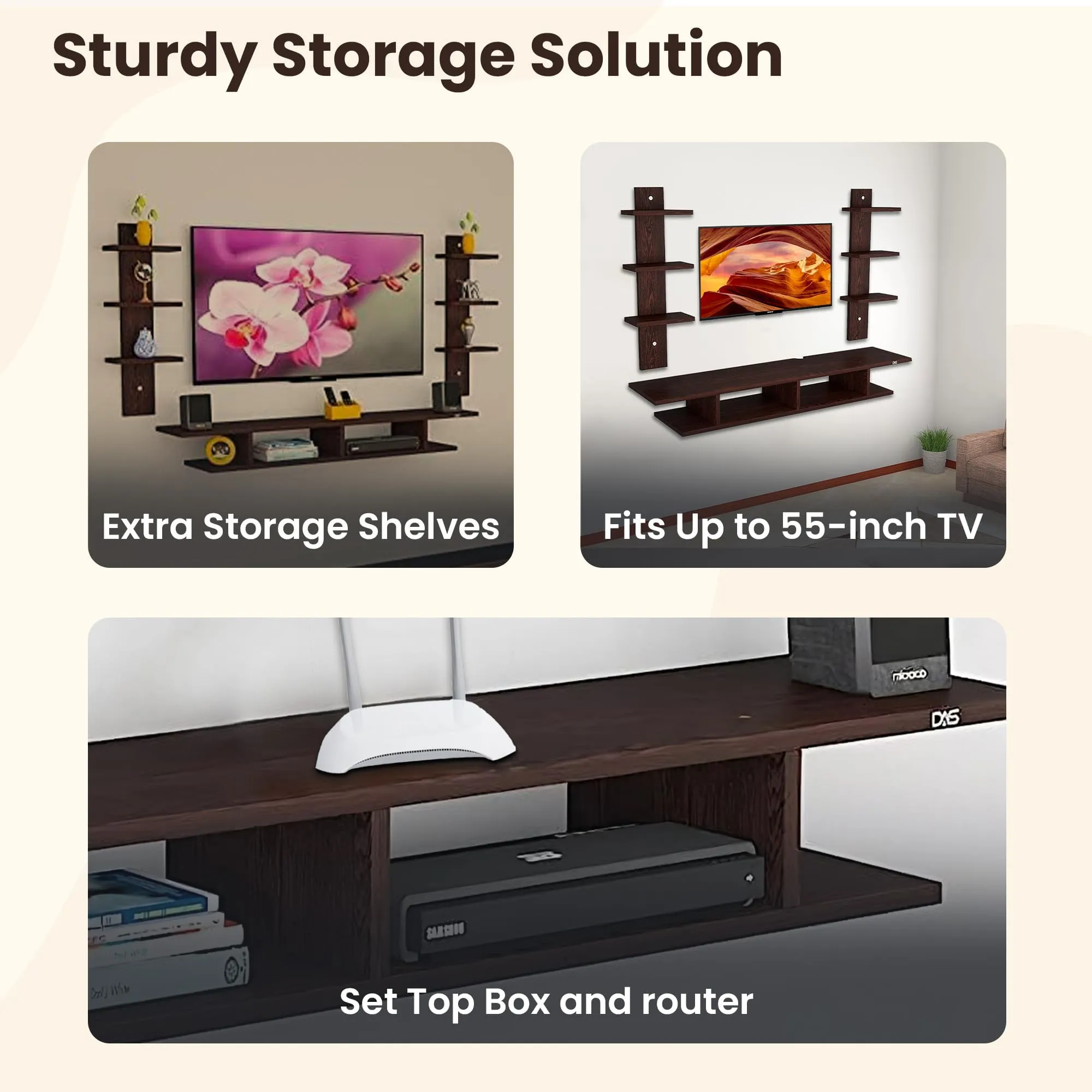 Kuber Industries ‎Wooden Wall Mounted Modular TV Unit for Living Room with Storage Shelf, Suitable for Upto 55 inch LED | TV Cabinet for Living Room & Bedroom | Brown