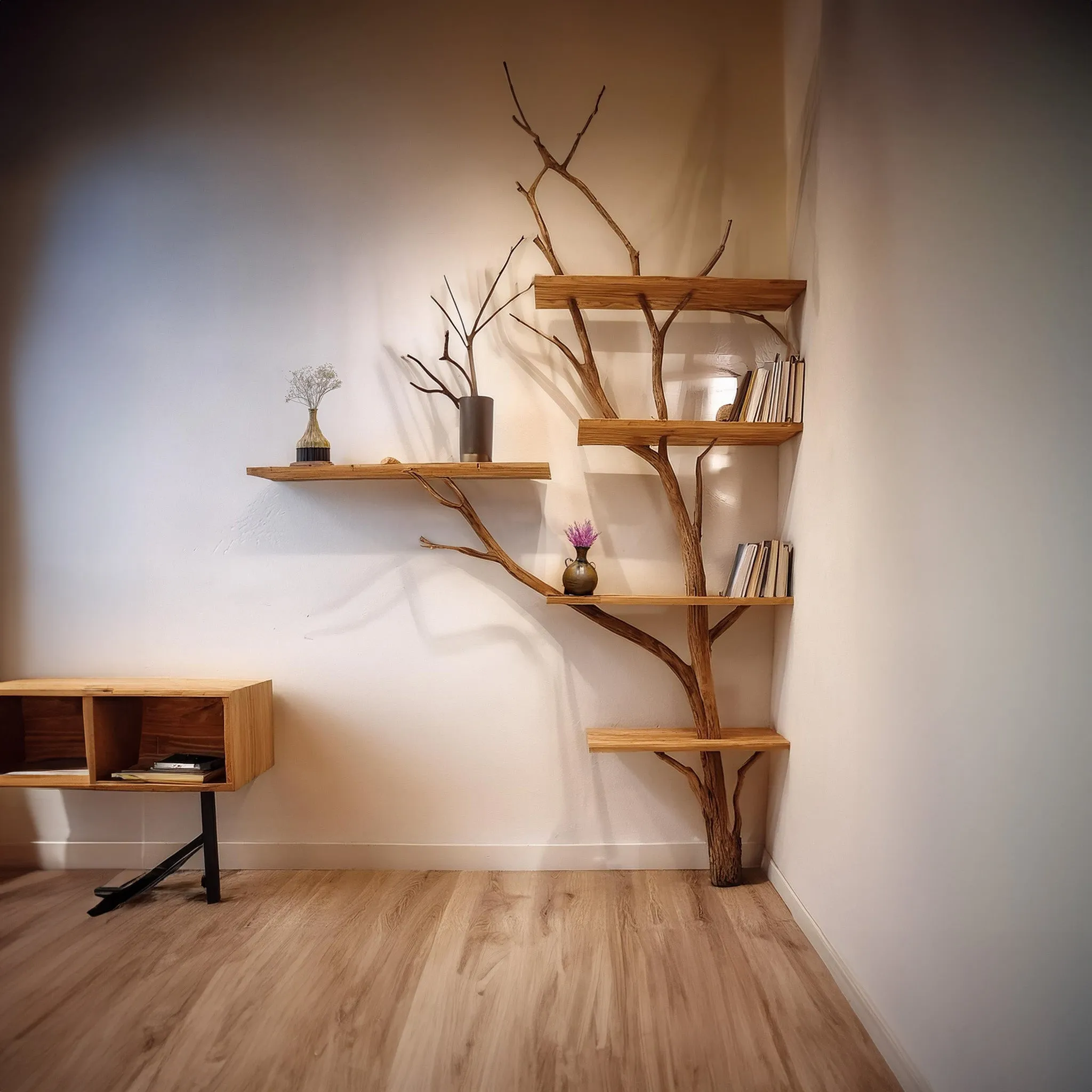 Live Edge Tree Bookshelf with Branch Shelves