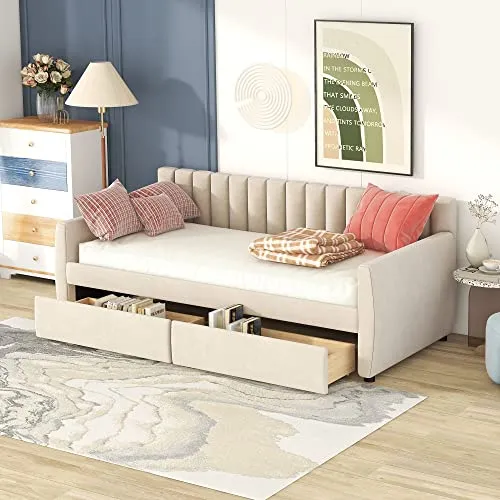 Merax, Twin, Beige Daybed with Drawers, Wood Slat Support, Size Upholstered Frame Sofa Bed