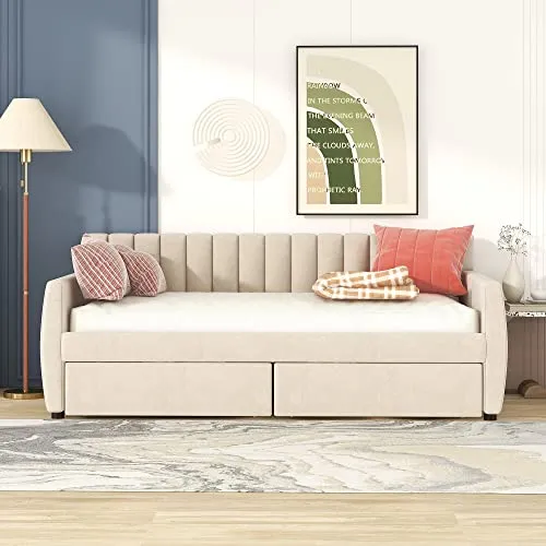 Merax, Twin, Beige Daybed with Drawers, Wood Slat Support, Size Upholstered Frame Sofa Bed