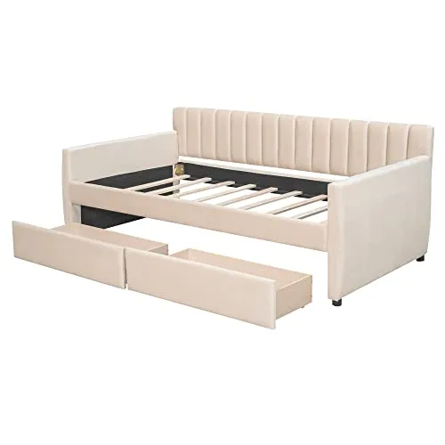 Merax, Twin, Beige Daybed with Drawers, Wood Slat Support, Size Upholstered Frame Sofa Bed