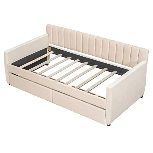 Merax, Twin, Beige Daybed with Drawers, Wood Slat Support, Size Upholstered Frame Sofa Bed