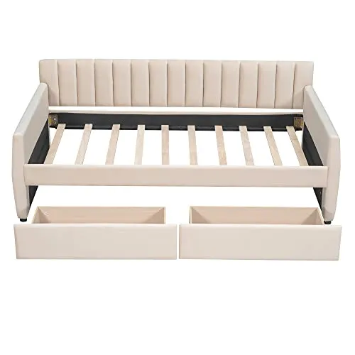 Merax, Twin, Beige Daybed with Drawers, Wood Slat Support, Size Upholstered Frame Sofa Bed