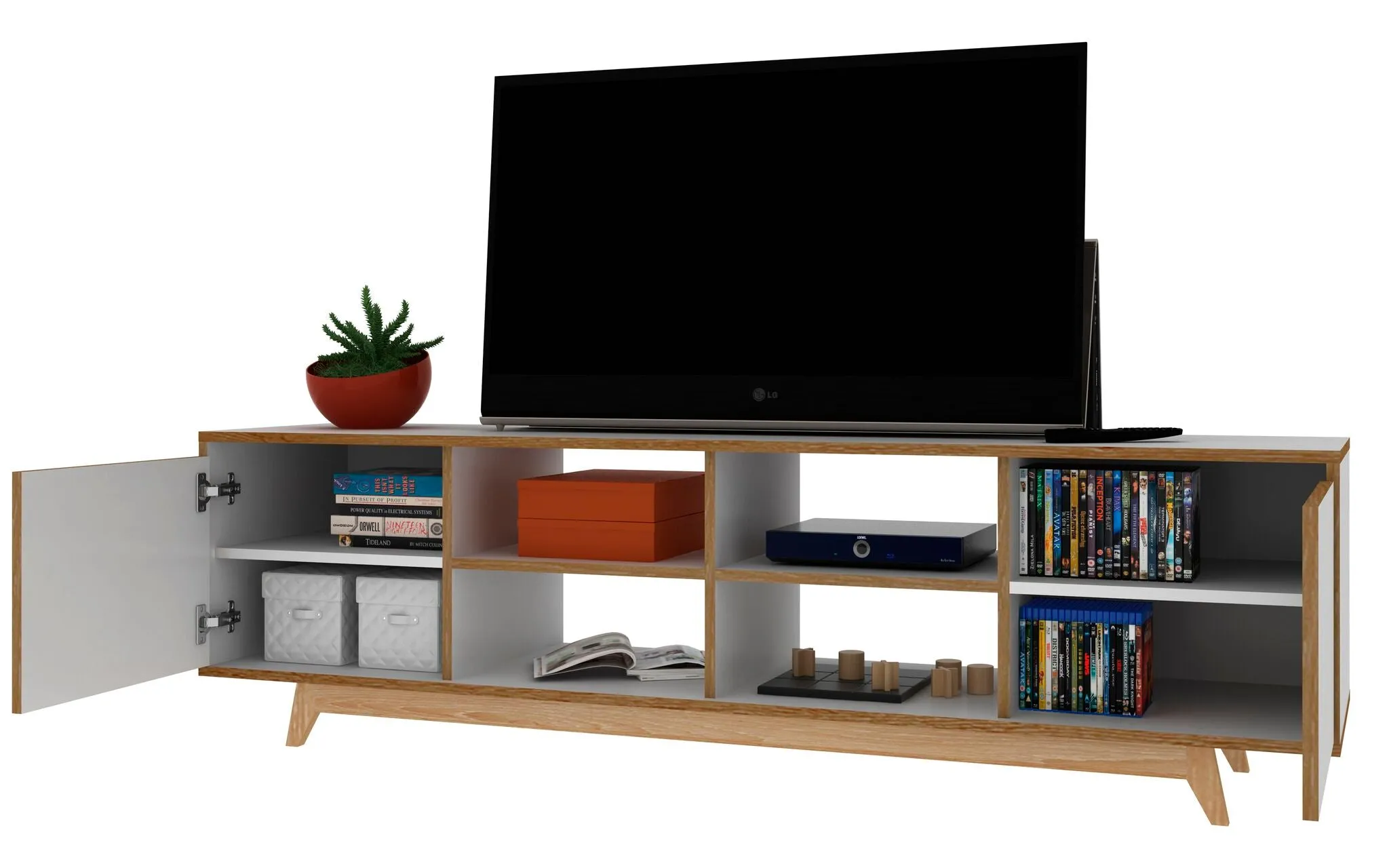 Mid-Century - Modern Jones 63" TV Stand in with 8 Shelves White and Pine Wood