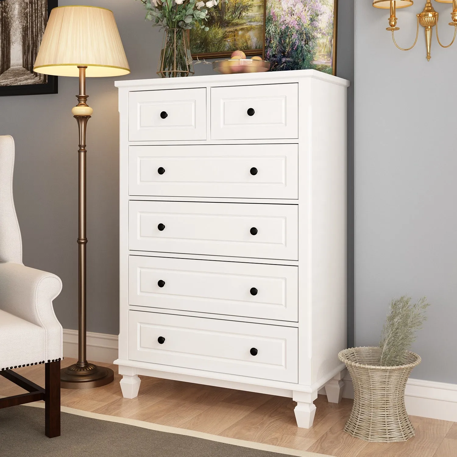 Modern Dresser White Wooden Chest Tall Dresser with 6 Drawers for Home Storage