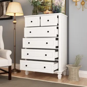 Modern Dresser White Wooden Chest Tall Dresser with 6 Drawers for Home Storage