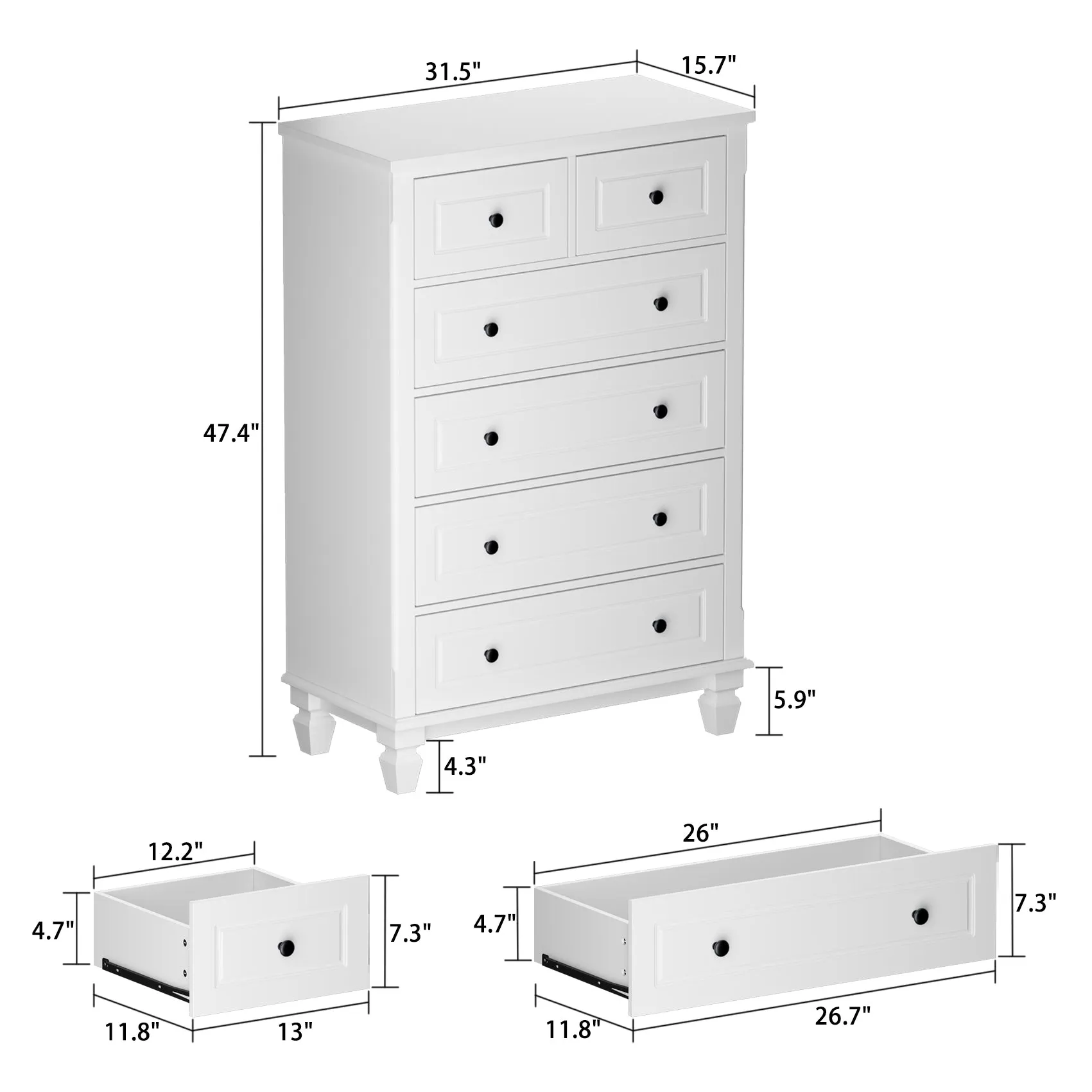 Modern Dresser White Wooden Chest Tall Dresser with 6 Drawers for Home Storage