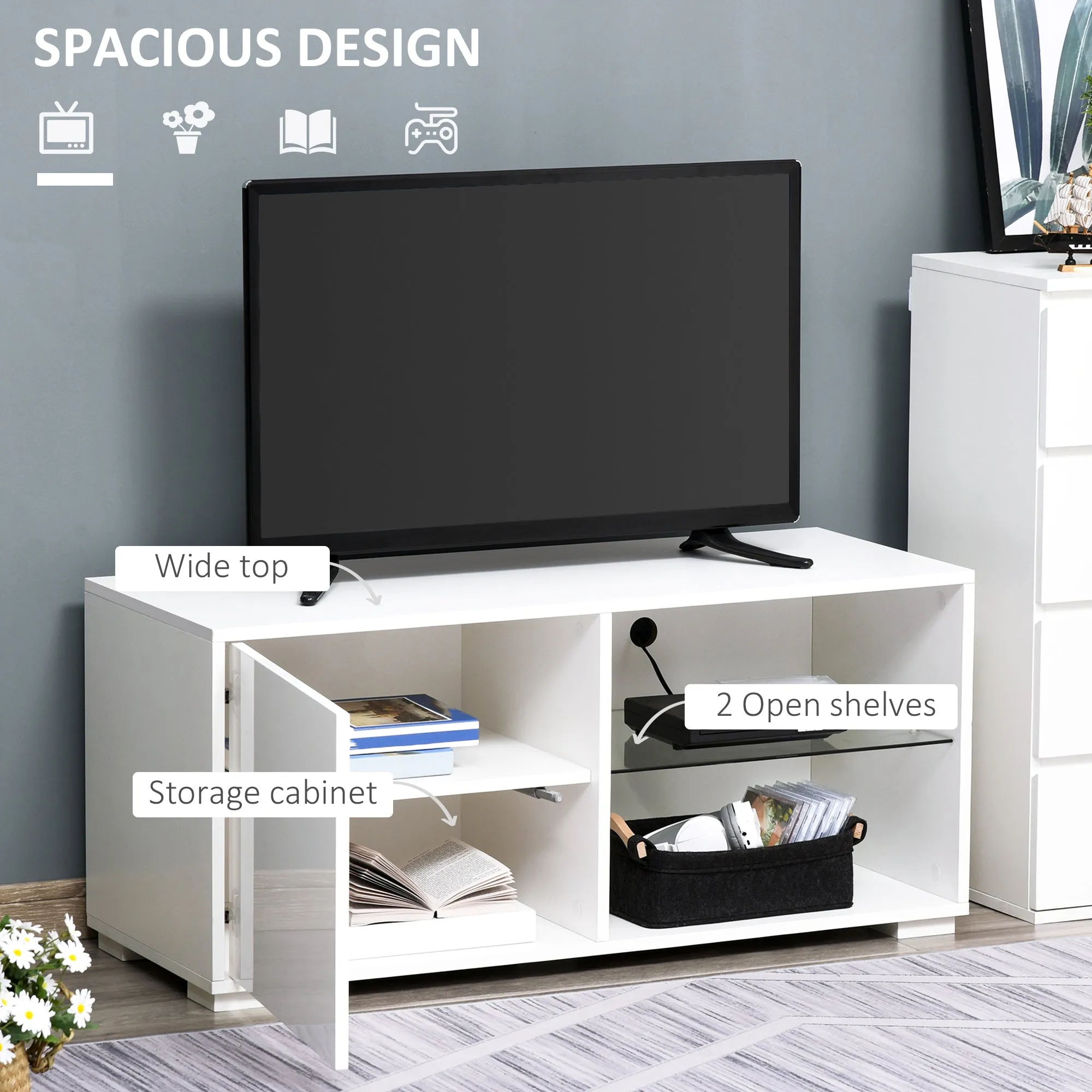 Modern TV Stand Media Unit w/ High Gloss Door Cabinet 2 Shelves Living Room Office Home Furniture White