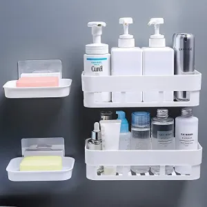 MorivaHomes Multipurpose Plastic Kitchen Bathroom Shelf Wall Holder Storage Rack Bathroom Organizer Rack Storage(2 Bathroom Shelves  2 Soap Box)