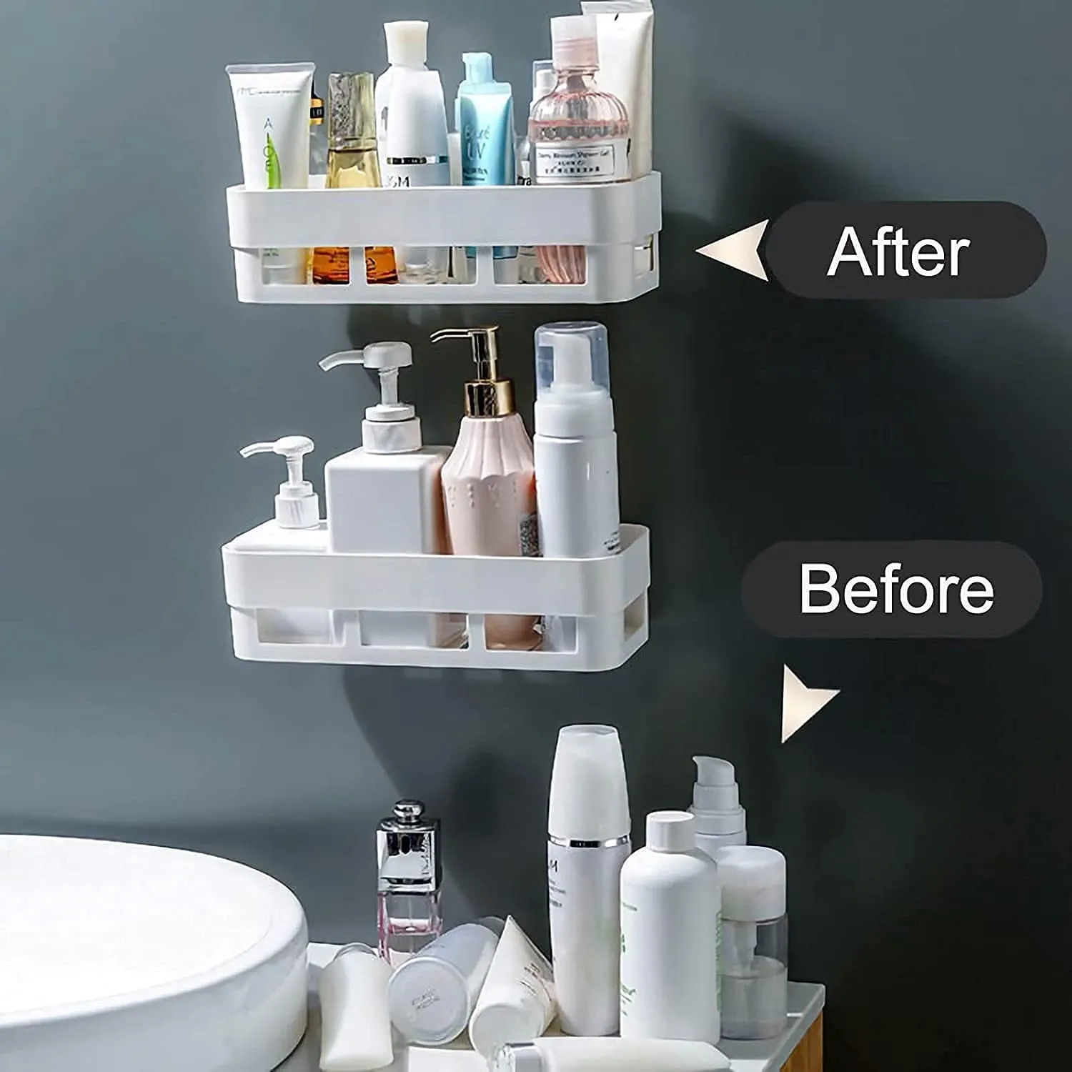 MorivaHomes Multipurpose Plastic Kitchen Bathroom Shelf Wall Holder Storage Rack Bathroom Organizer Rack Storage(2 Bathroom Shelves  2 Soap Box)