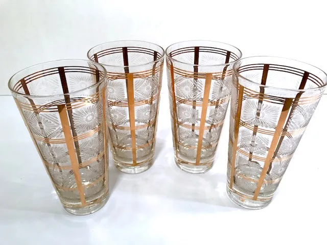 Ned Harris Signed Mid-Century Gold Embossed Highball Glasses (Set of 4)