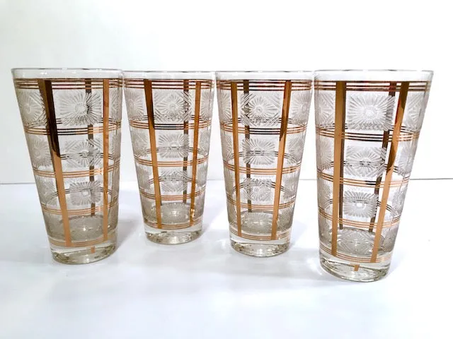 Ned Harris Signed Mid-Century Gold Embossed Highball Glasses (Set of 4)