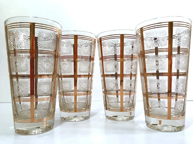 Ned Harris Signed Mid-Century Gold Embossed Highball Glasses (Set of 4)